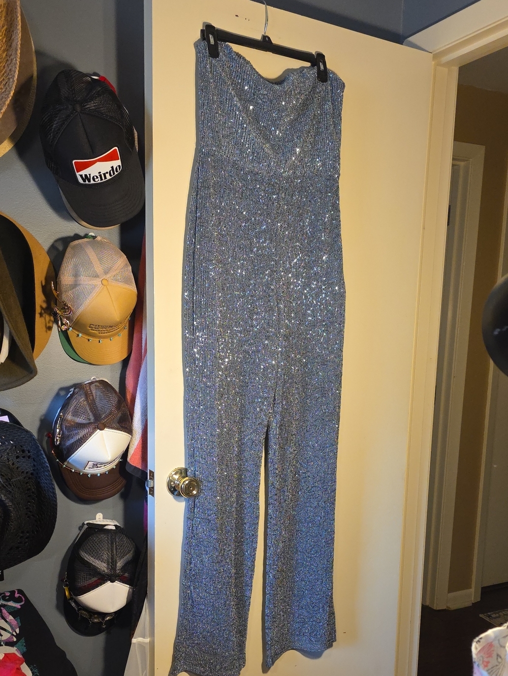 wild fable Silver Sequin Strapless Wide-Leg Jumpsuit